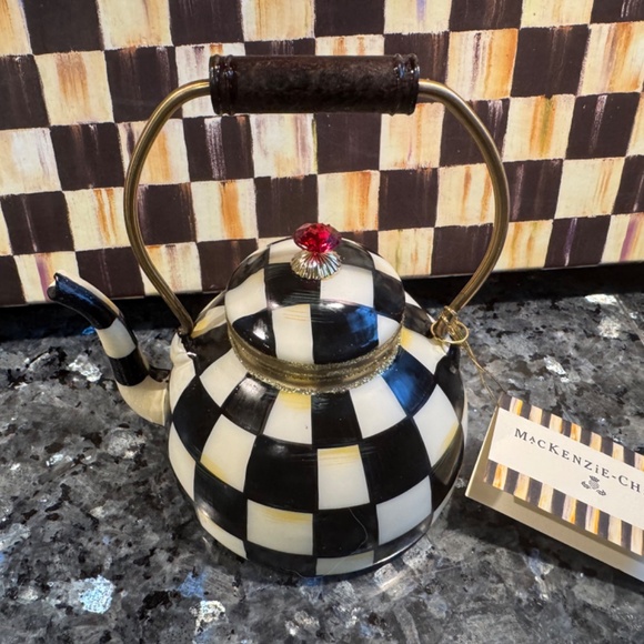 Mackenzie Childs Courtly Check Metal Tea Kettle Ornament Rare Mint in Gift Box - Picture 2 of 8